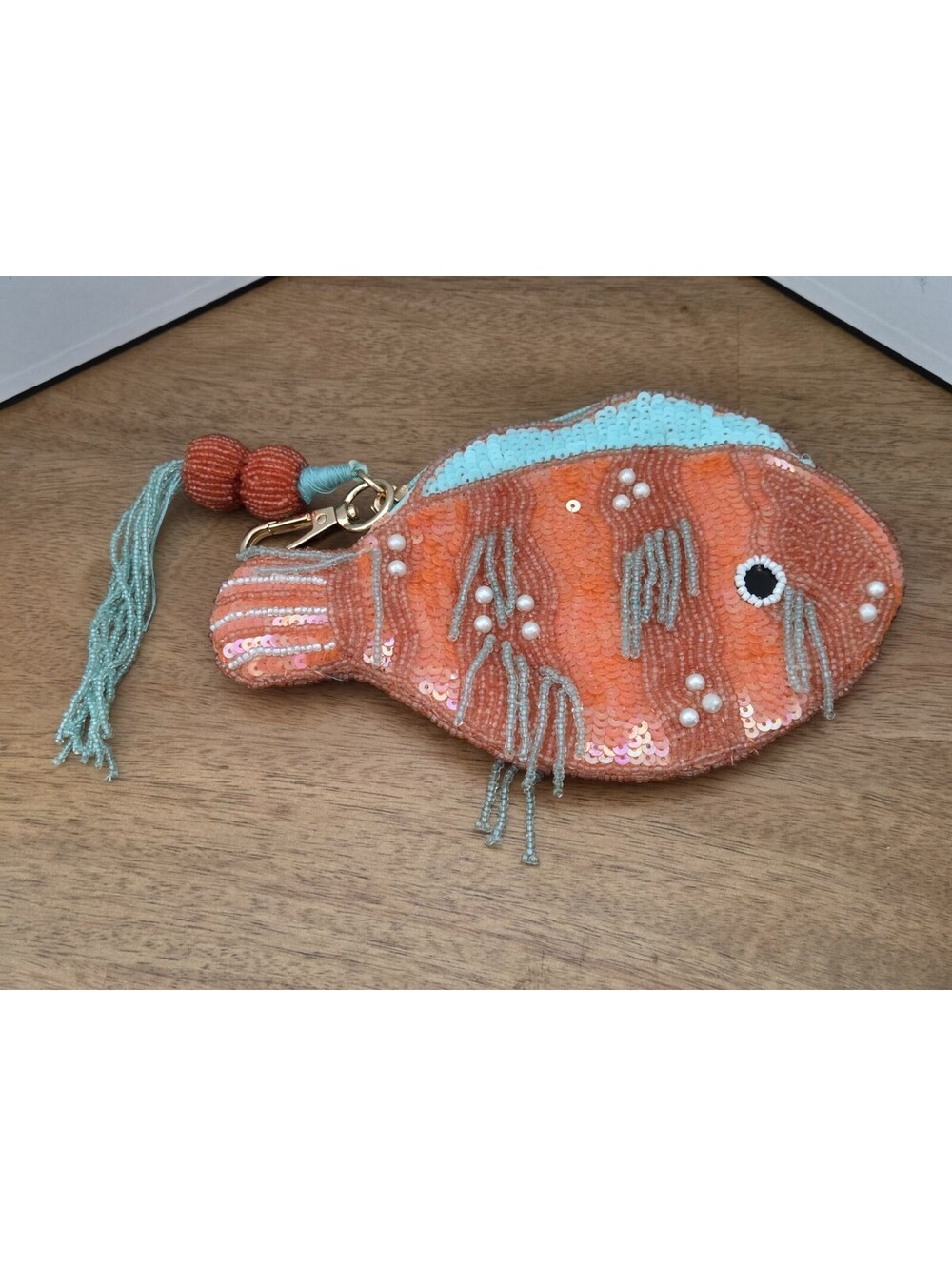 Beaded Tropical Fish Coin Purse Keychain Zipper Pouch Sequins Tassel Handmade